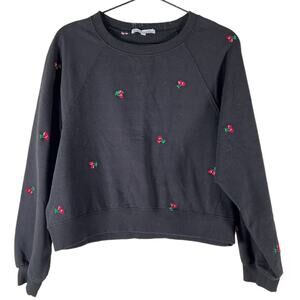 Rebellious One Womens Cropped Black Crew Neck Sweatshirt Cherries Long Sleeve S